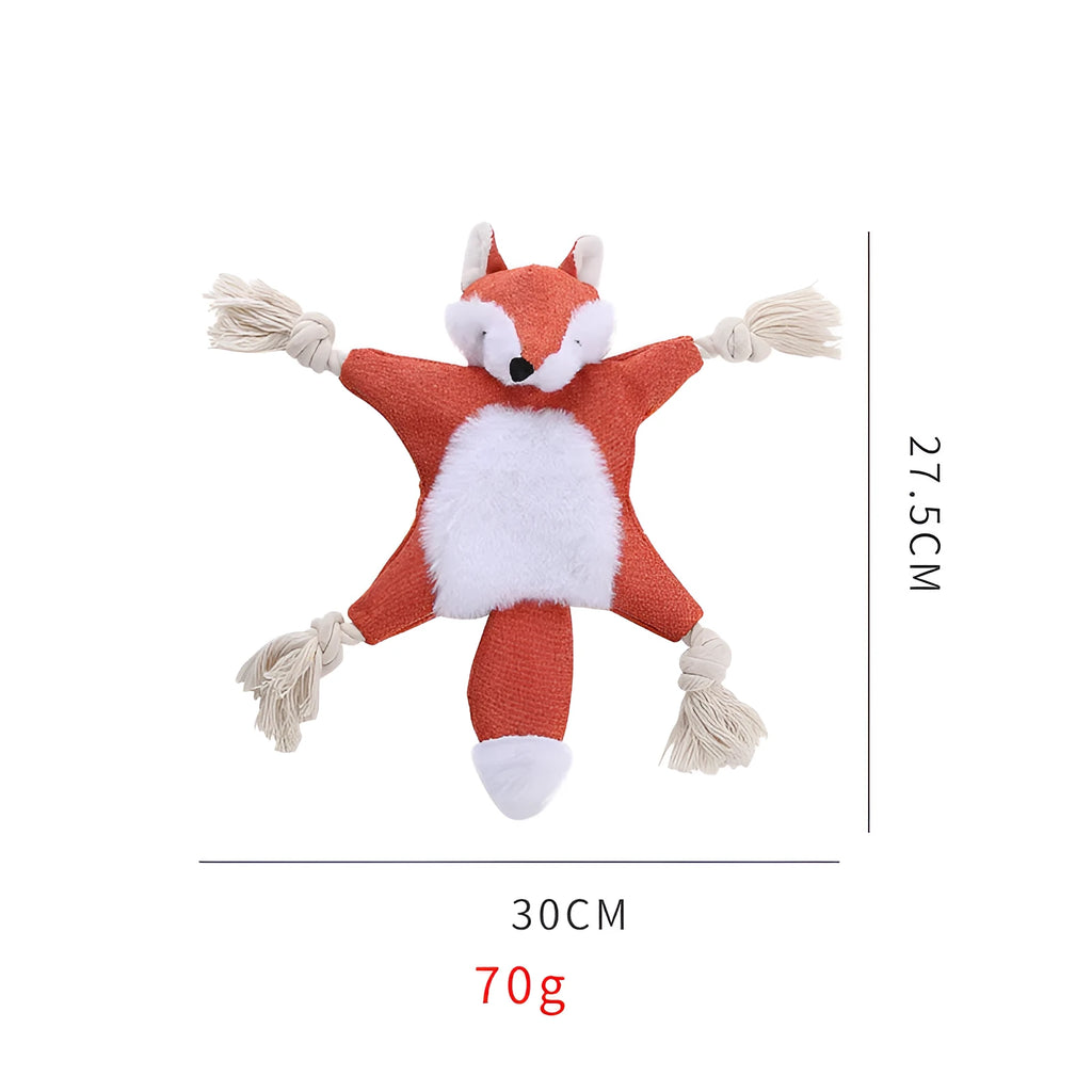 Brown fox-shaped dog toy with squeaker, crinkle paper, cotton rope limbs, and embroidered eyes