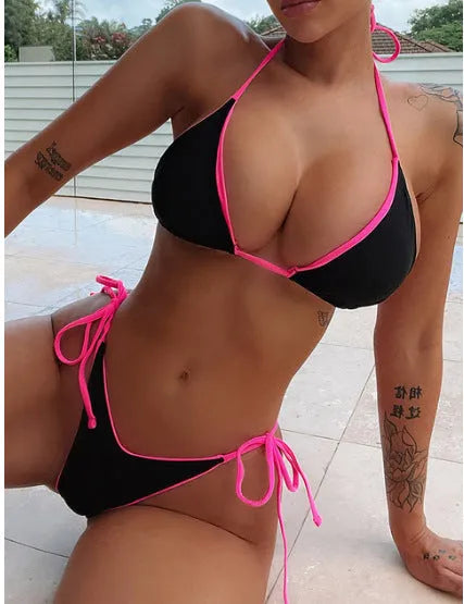 Women's lace-up triangle split bikini swimwear set with adjustable front in polyester fabric