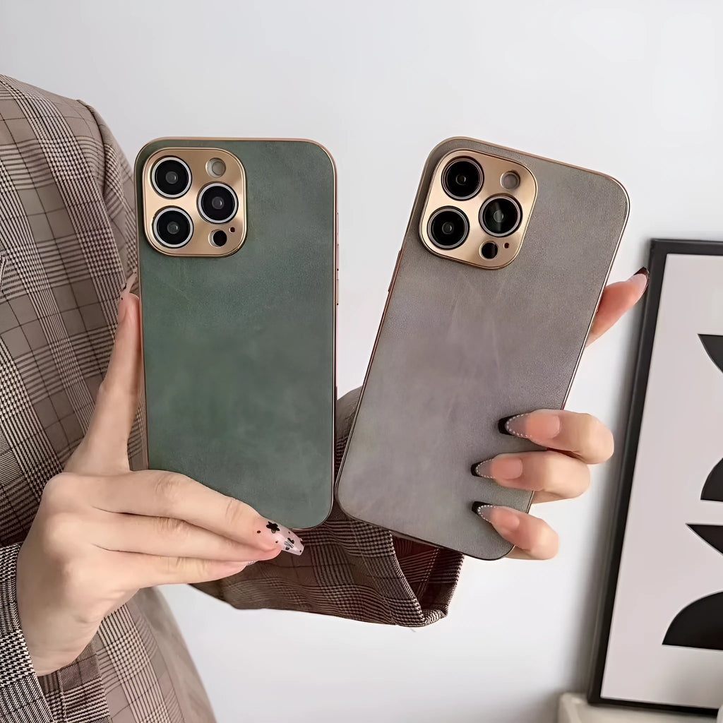 Grey leather texture flexible TPU case for iPhone on a table