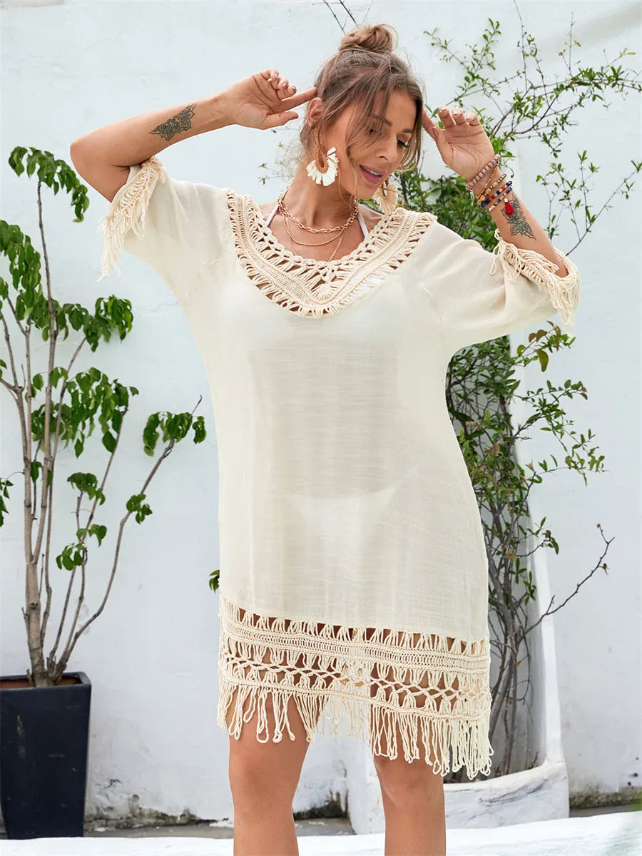 Women's hand-crocheted apricot beach dress with acrylic fabric and polyester lining