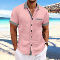 Striped double button short sleeve casual shirt in pure cotton with slim fit styling