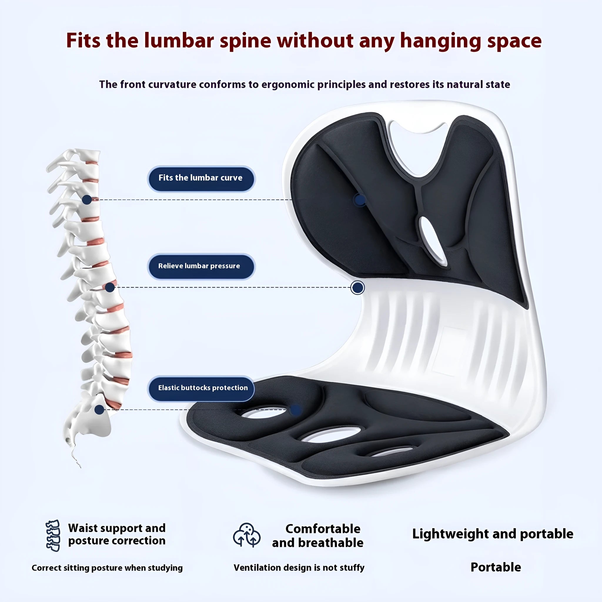 Solid colour grey and black lumbar support seat cushion for back comfort.