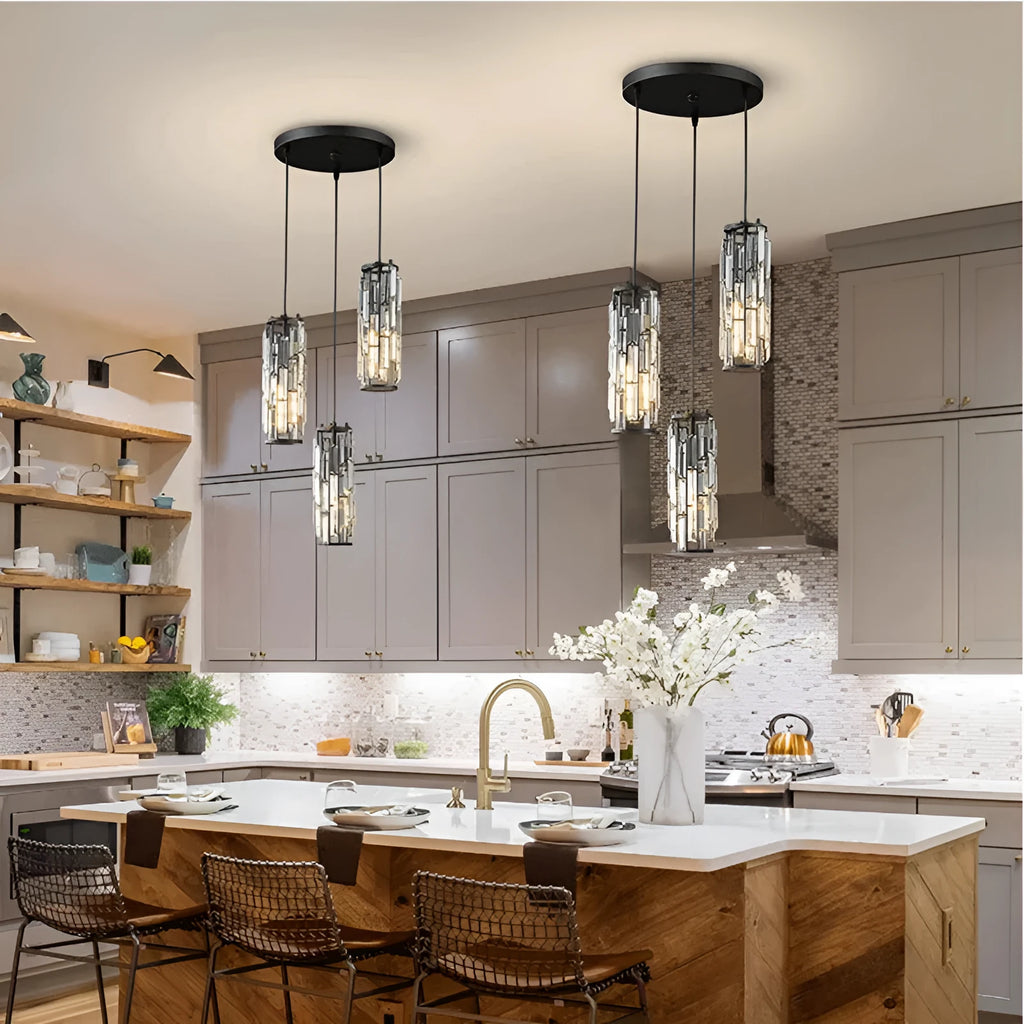 Industrial style single head LED droplight with crystal detailing in black, gold, or chrome finish