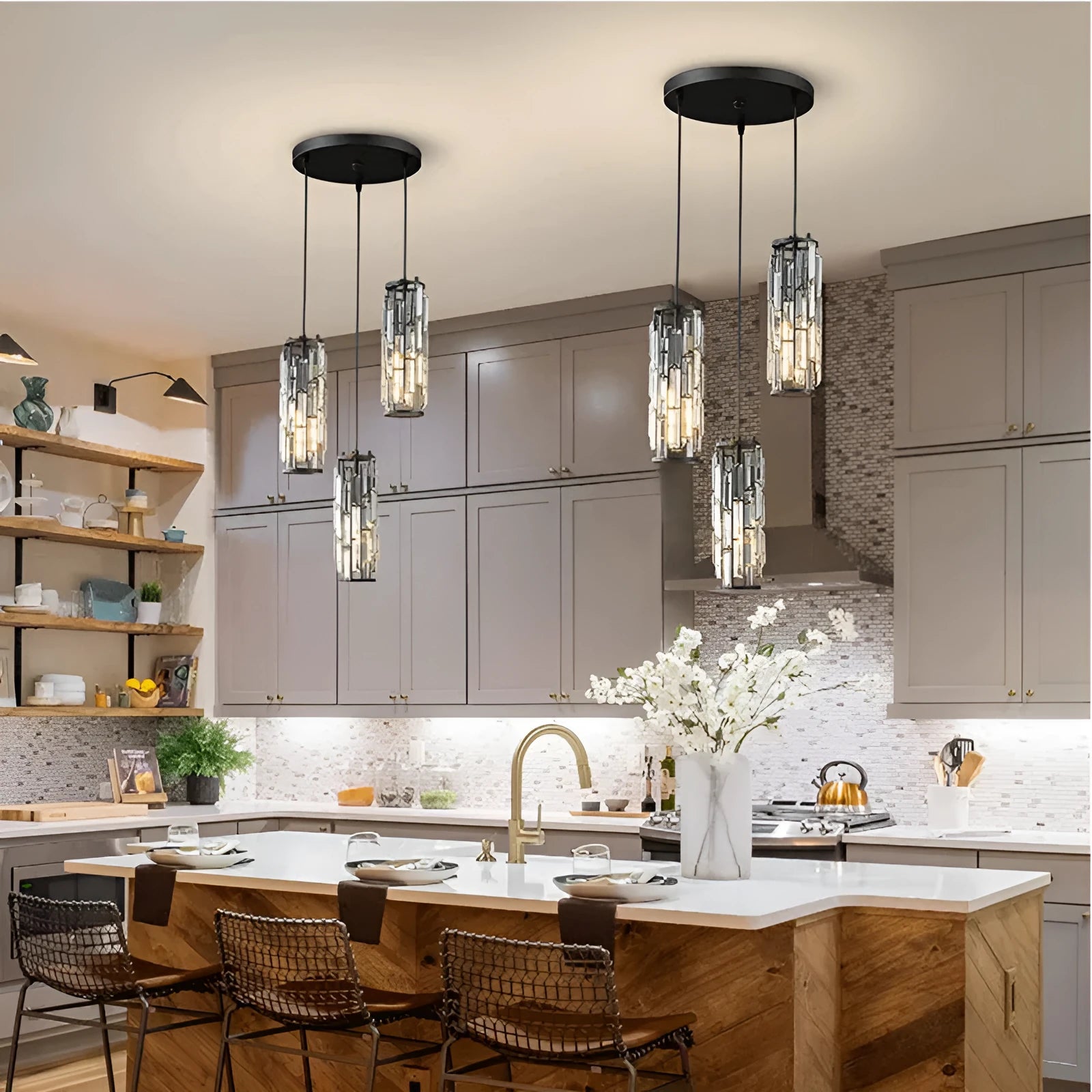Industrial style single head LED droplight with crystal detailing in black, gold, or chrome finish