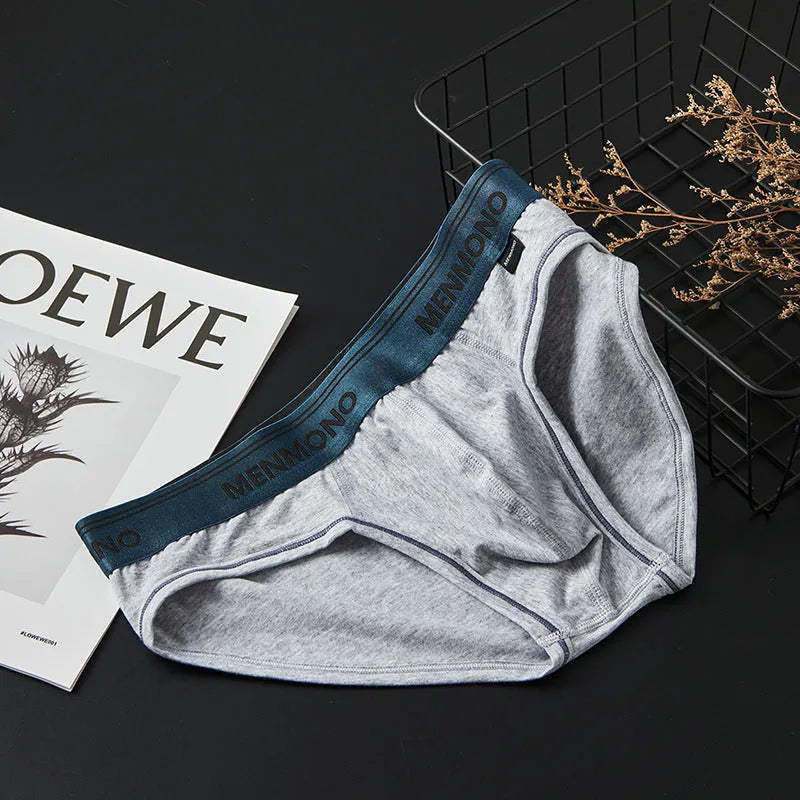 Men's low waist cotton briefs showing solid colour block design in various two-tone combinations.