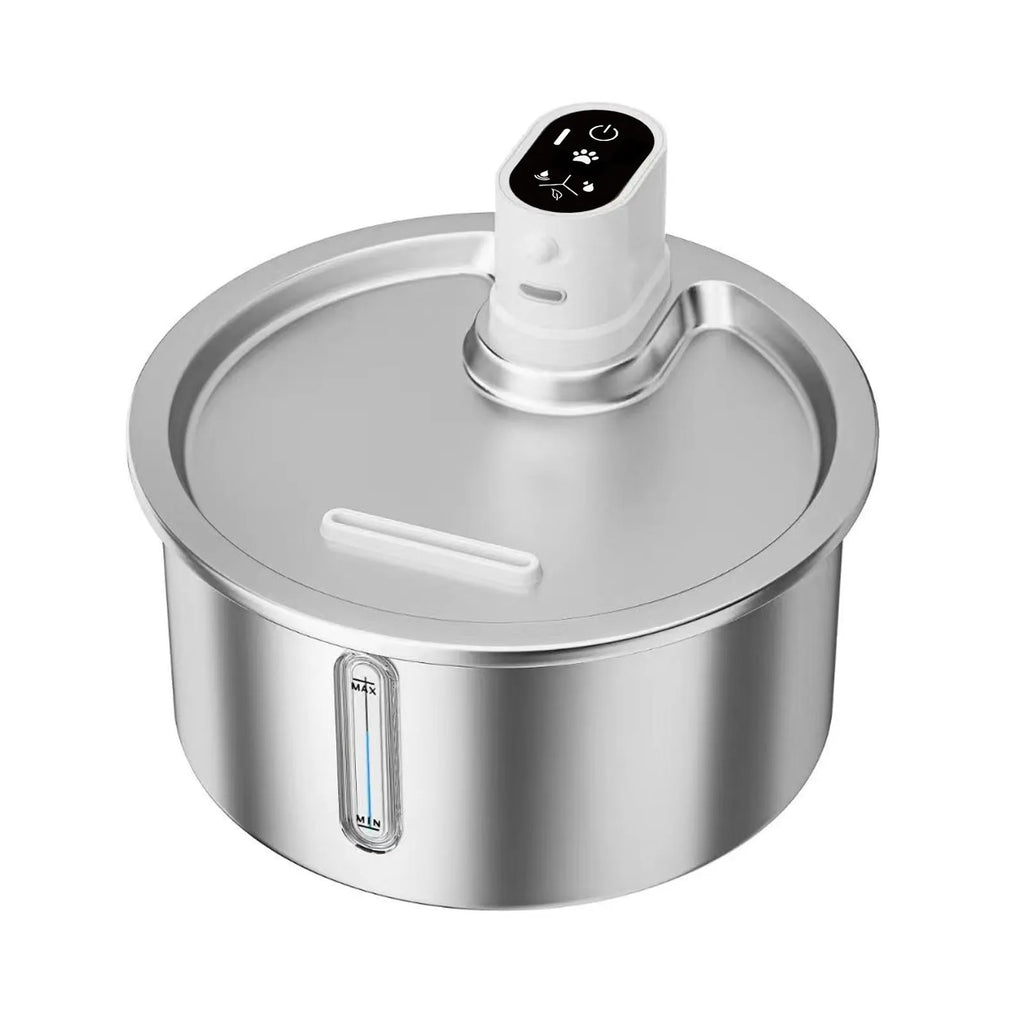 Stainless steel cat water fountain with white heating base for constant temperature pet hydration