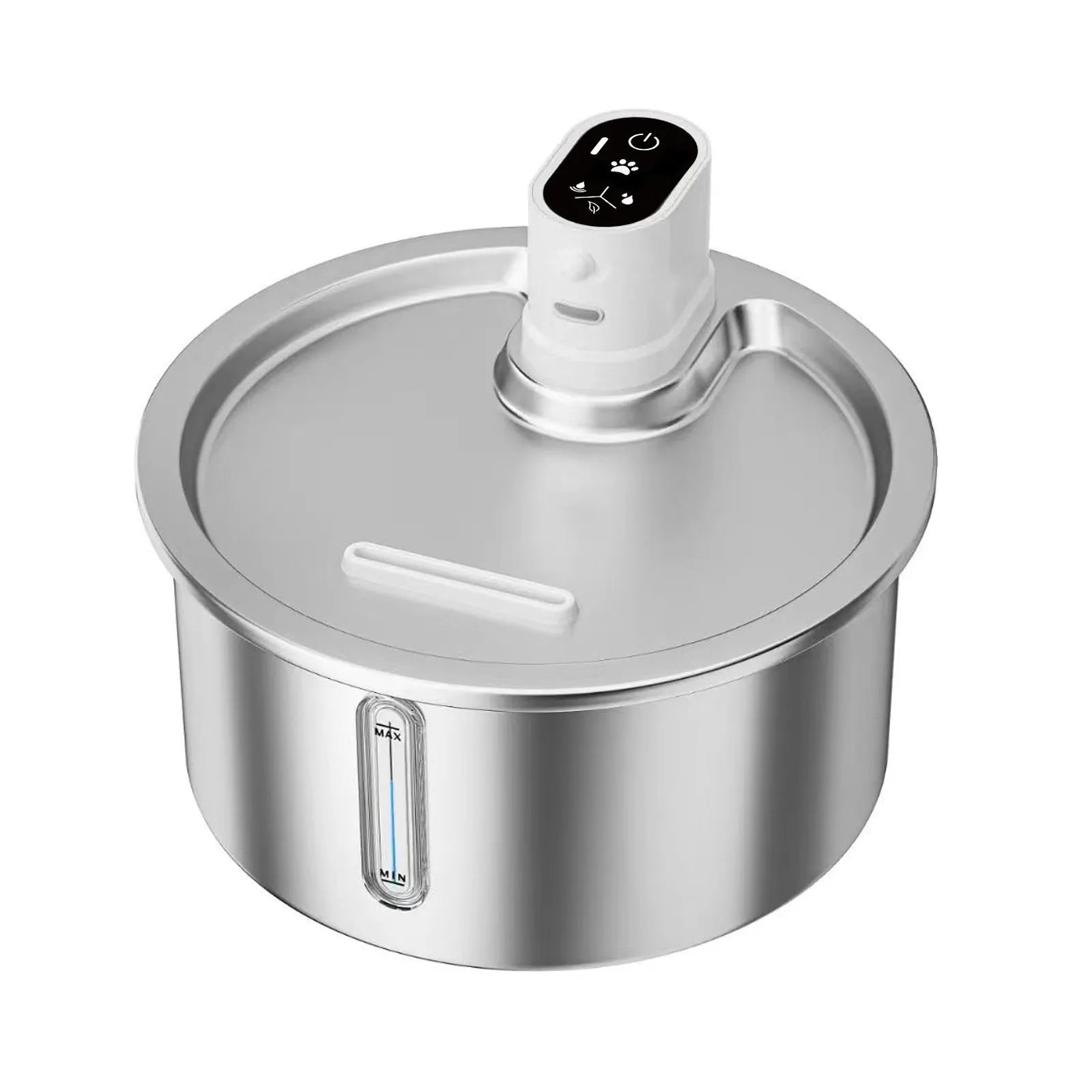 Stainless steel cat water fountain with white heating base for constant temperature pet hydration