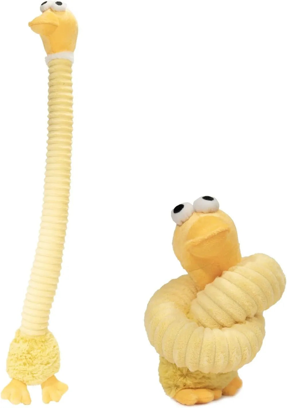 Plush stuffed dog toy with brown, gray or yellow colour options featuring crinkle and squeaker elements