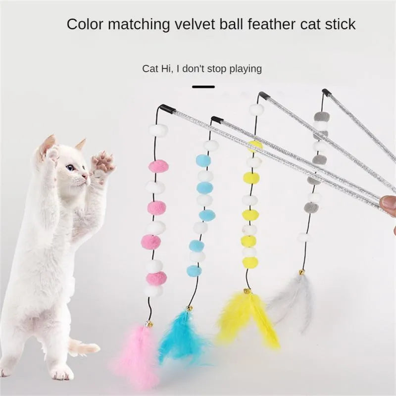 Grey and yellow cat teaser stick with a bell and a pompon feather, shown next to a blue and pink version.