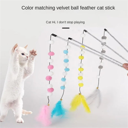 Grey and yellow cat teaser stick with a bell and a pompon feather, shown next to a blue and pink version.