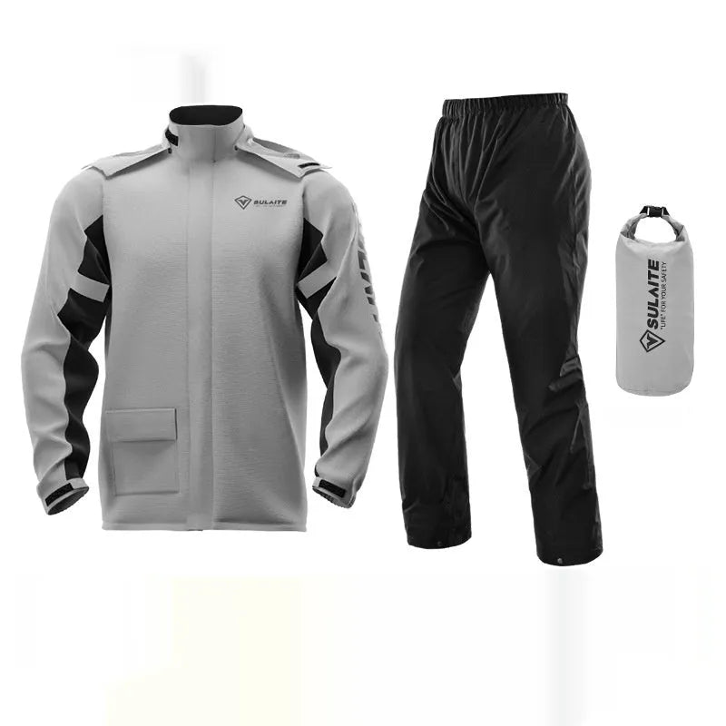 Motorcycle waterproof rain suit set showing raincoat, rain trousers, hidden shoe covers and storage bag