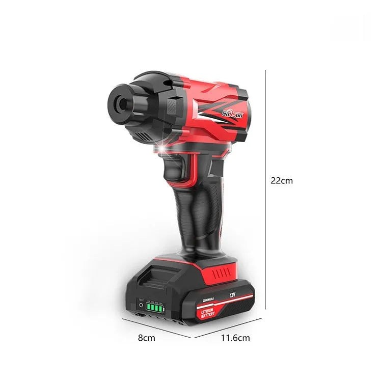Red and black portable car tyre inflator with digital display, battery, and accessory nozzles on a grey background.