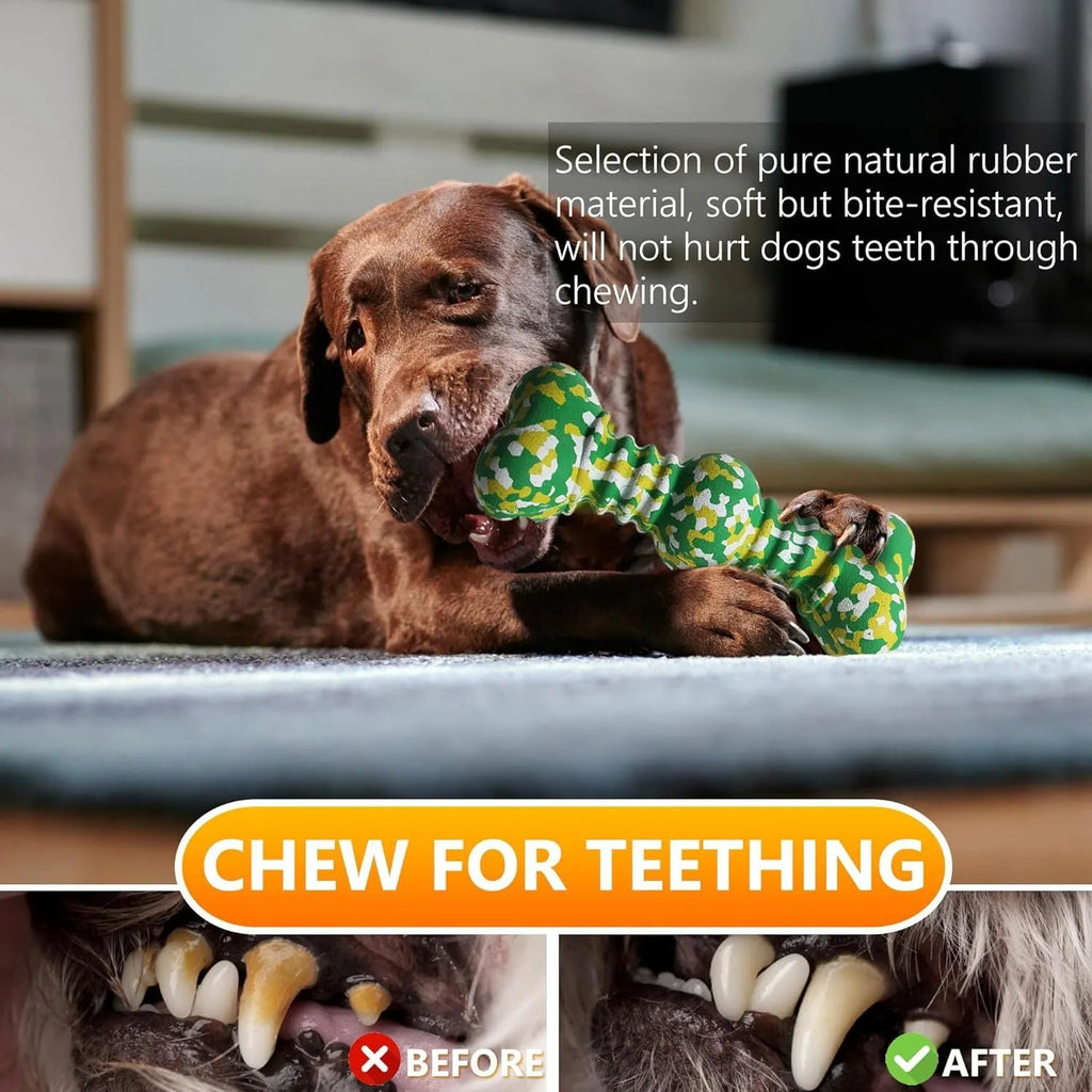 Green, white, and yellow camouflage pattern natural rubber bone chew toy for large breed dogs on a plain background.