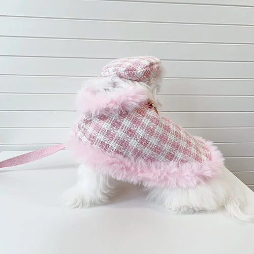 Pink polyester cat cloak with attached rope and matching beret for winter wear.