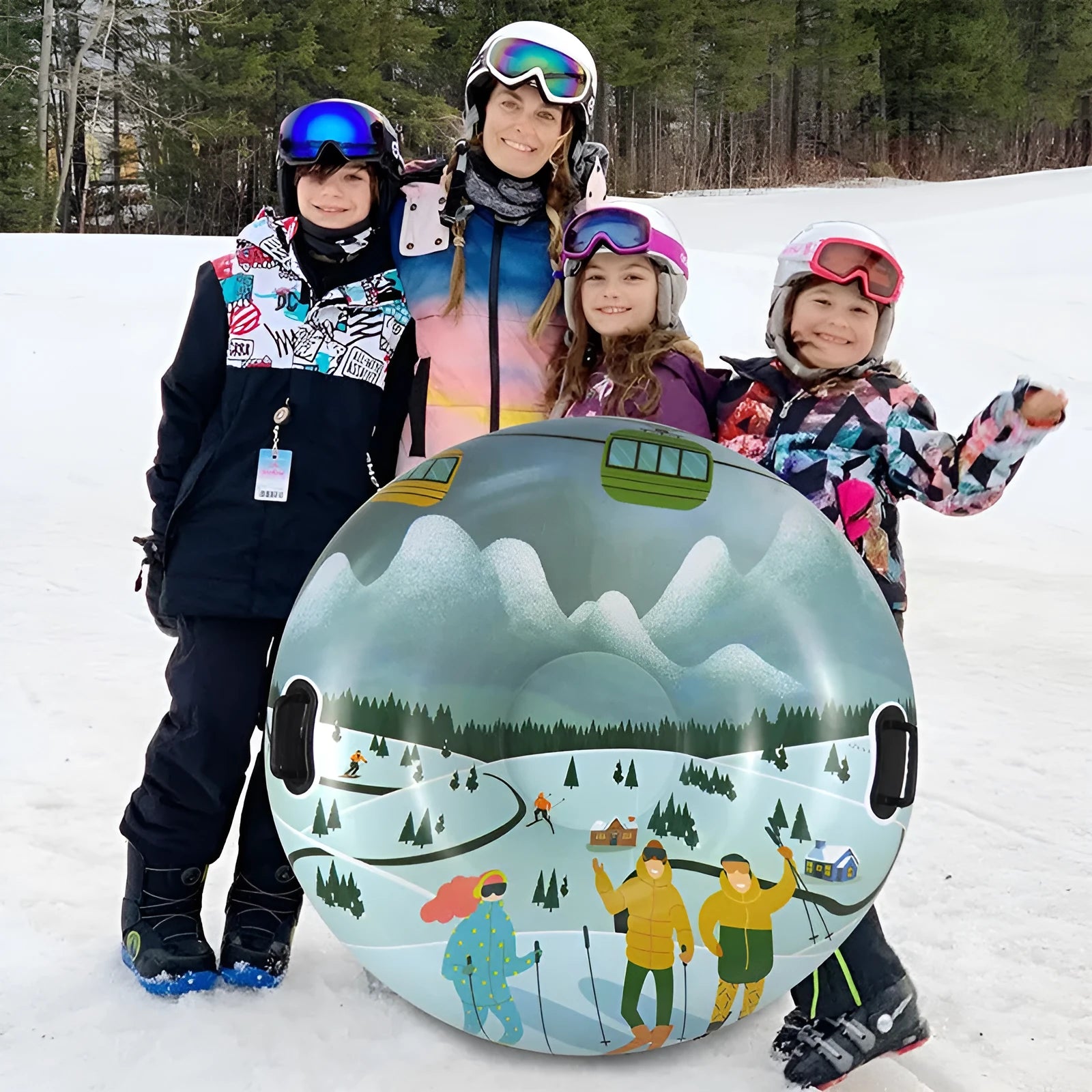 PVC winter ski ring toy in three colour options: snow mountain, ice-snow blue, and flame red designs