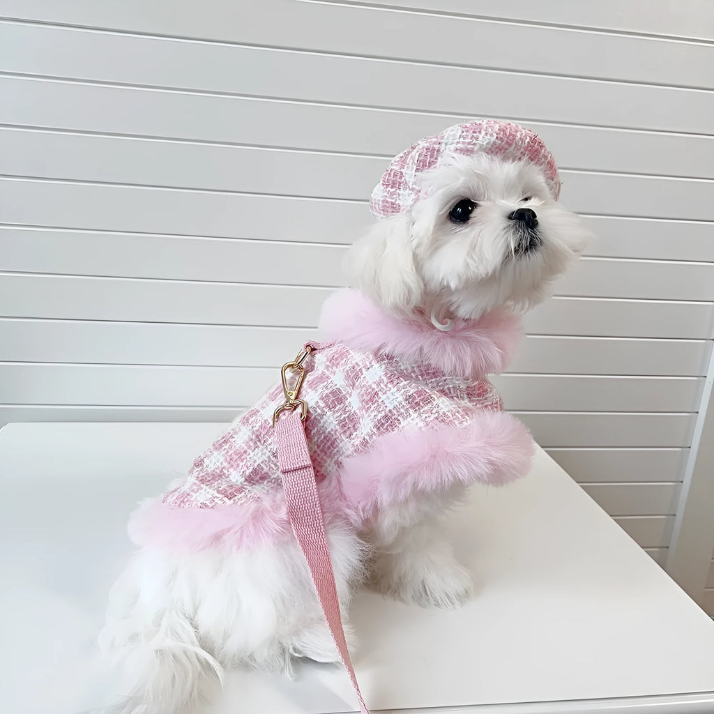 Pink polyester cat cloak with attached rope and matching beret for winter wear.