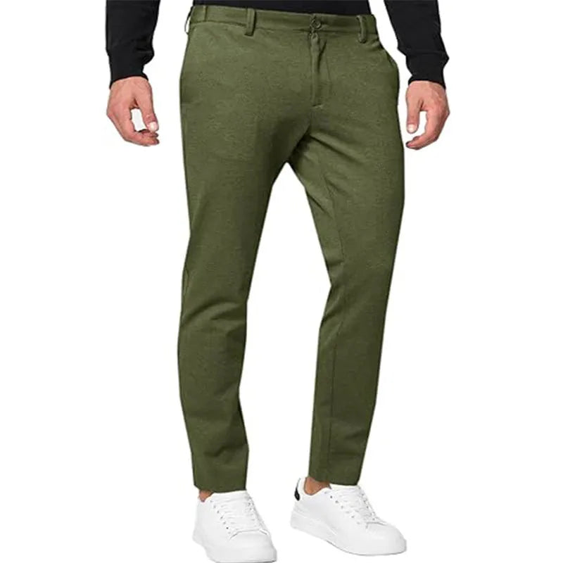 Men's slim-fit tapered chino trousers in solid colour with mid-waist design