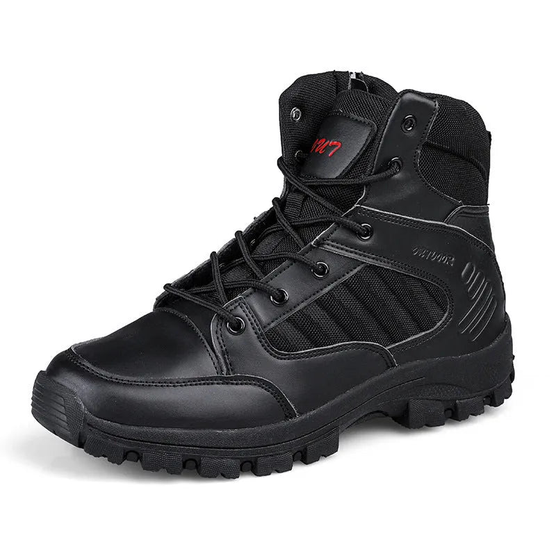 Men's black high-top hiking shoes with artificial PU upper and metal details on a natural background.