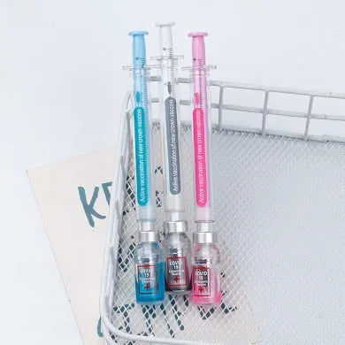 Vaccine design gel pen with syringe-styled plastic barrel and black 0.5mm refill