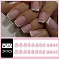 24 white false nail tips with a plaid pattern, laid out on a surface