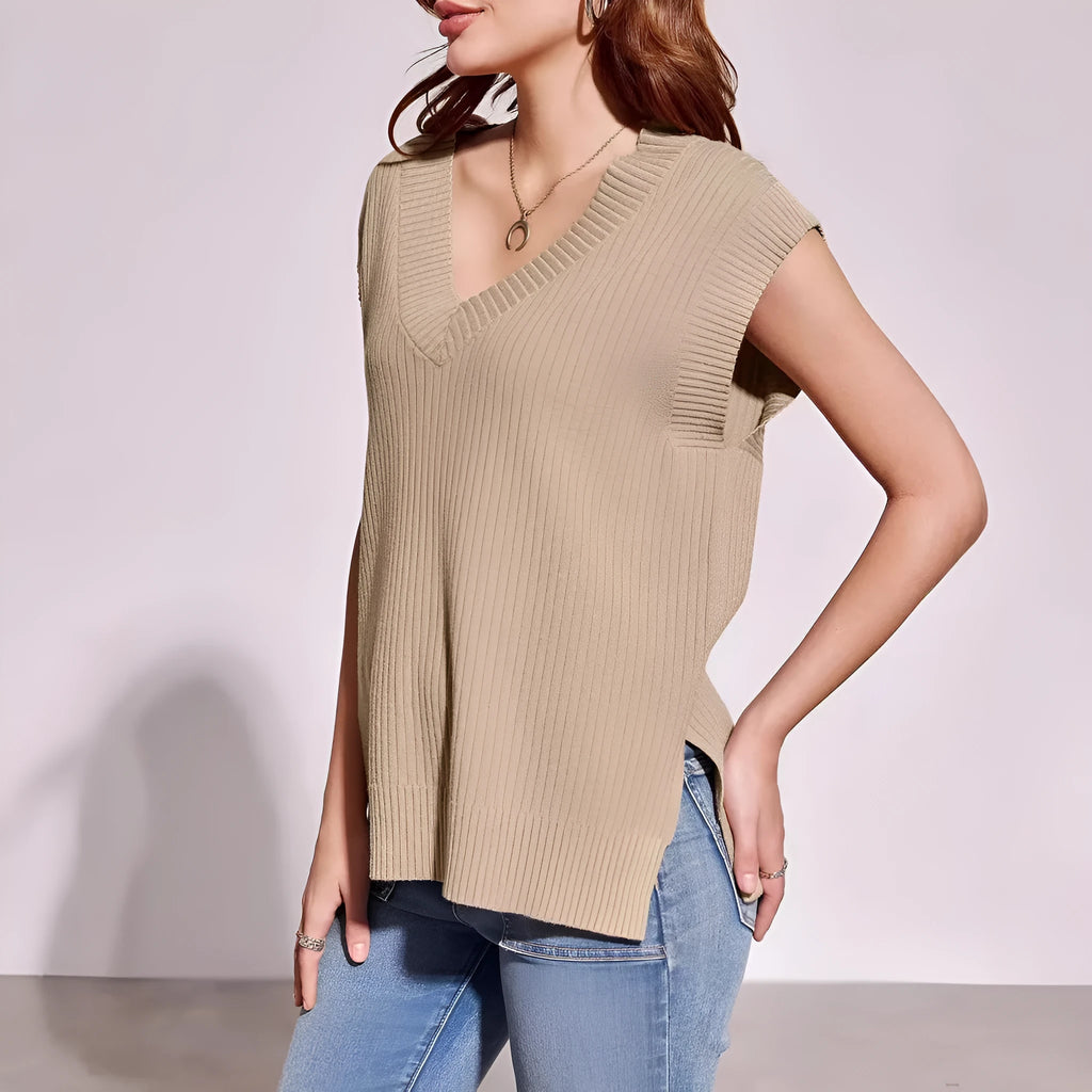 V-neck sleeveless pullover vest in camel viscose fibre with loose fit and fold detailing