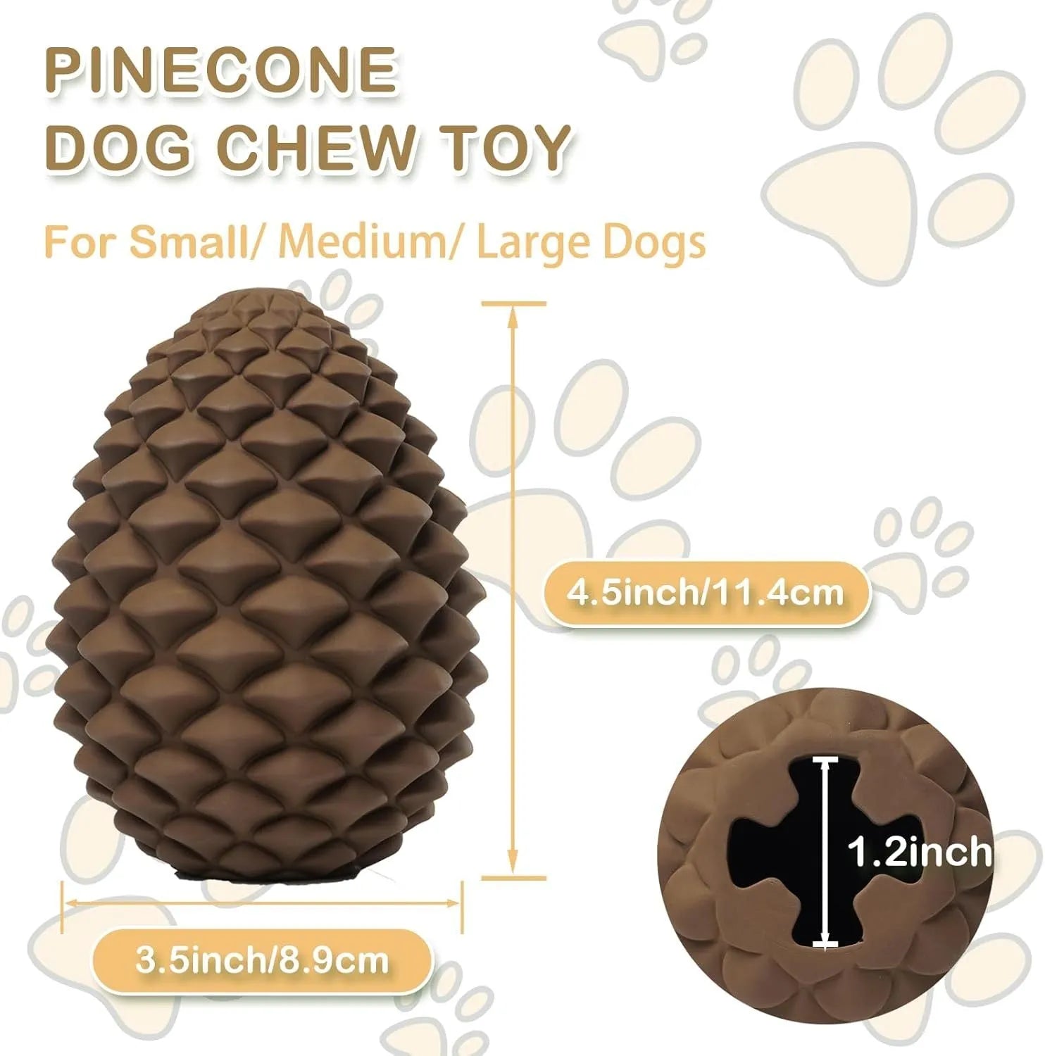 Yellow pine cone shaped indestructible dog chew toy with treat dispenser hole