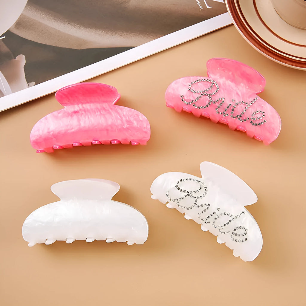 10cm pink and white acrylic hair clip with multi-diamond spot drilling on both sides
