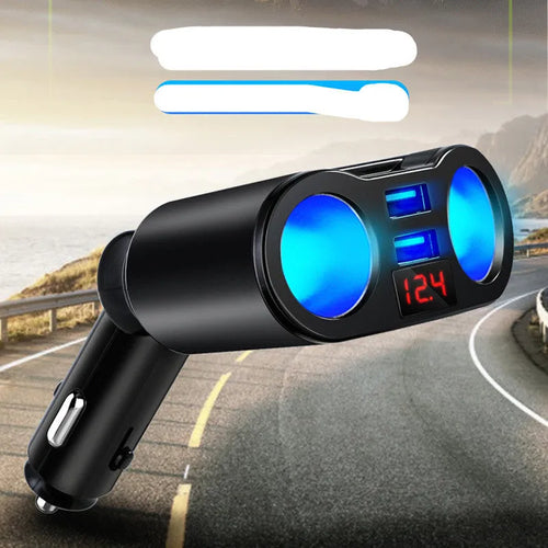 Car Bluetooth FM audio transmitter plugged into a vehicle cigarette lighter socket.