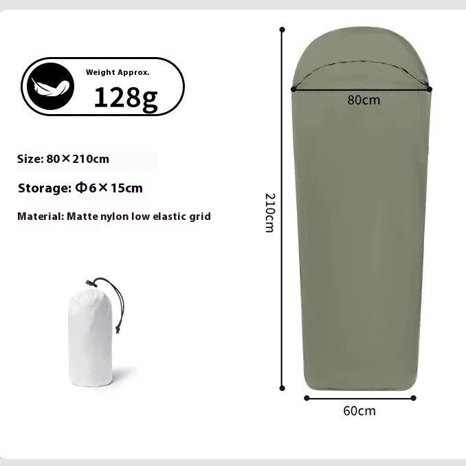 Blue and green mummy-style nylon camping sleeping bag for adults, shown packed and unpacked.