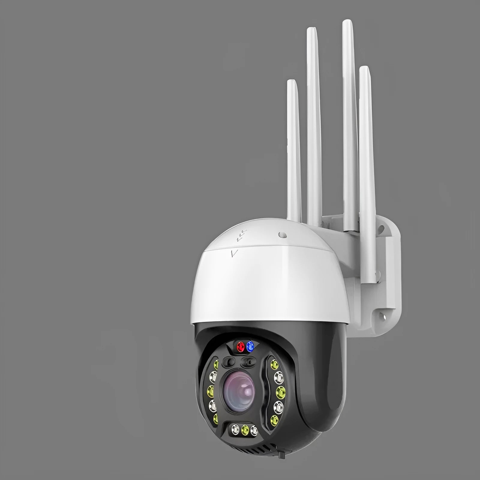 Outdoor dome surveillance camera with 360-degree rotation showing mobile control interface