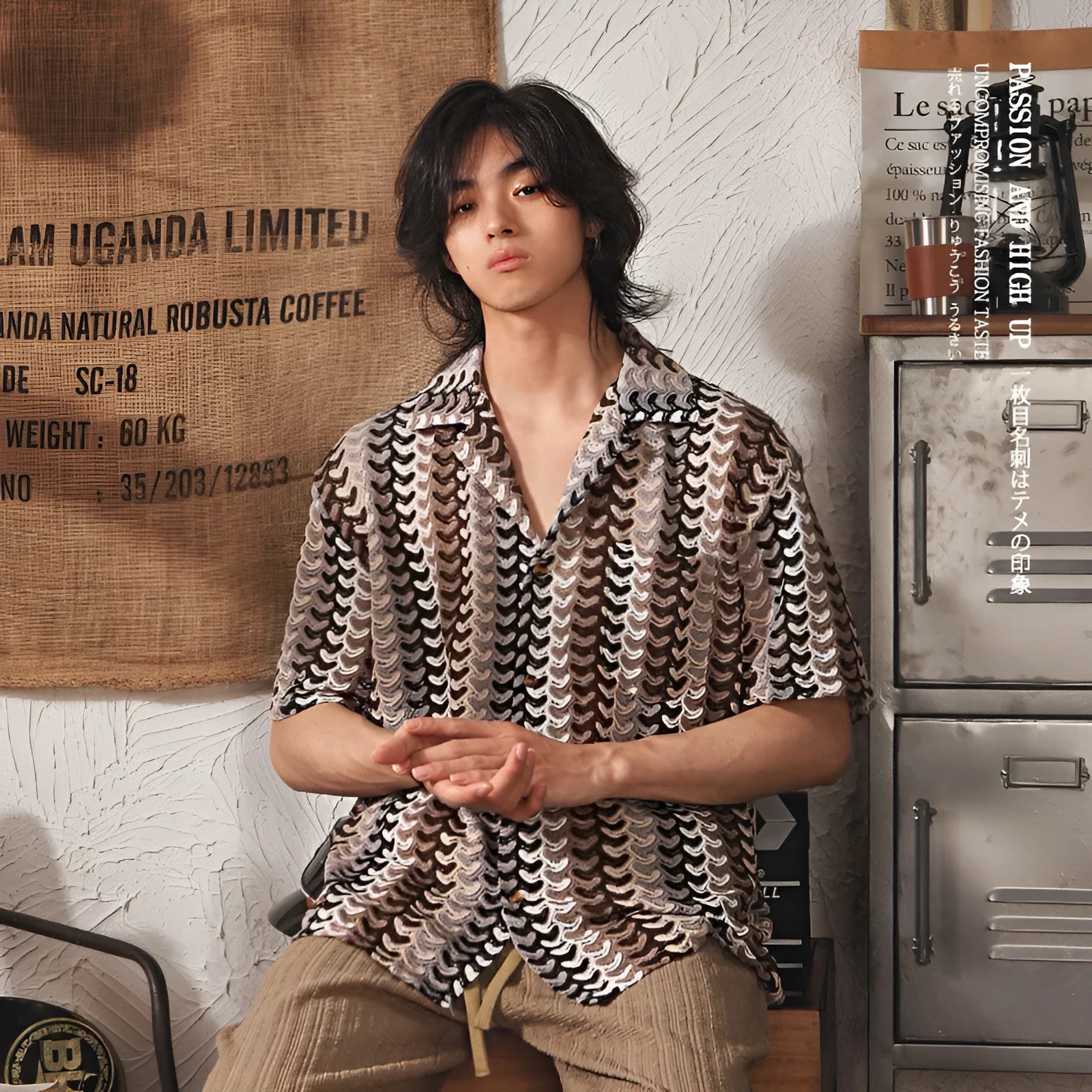 Japanese style Cuban collar short sleeve shirt in grey or red for plus size men