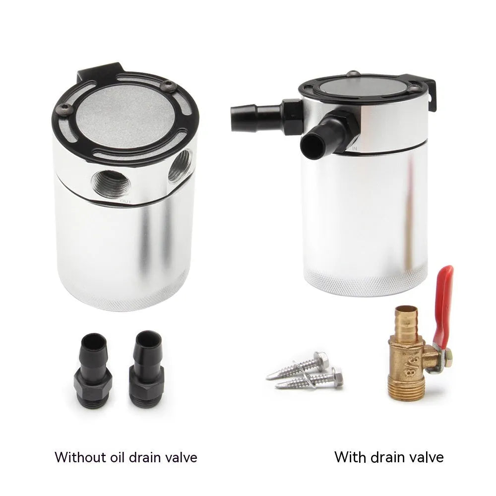 Black aluminium automotive oil pot with two-hole breathable design and connector fittings