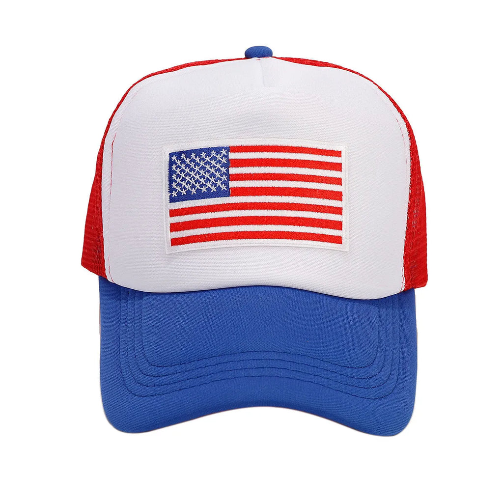 Red and blue contrast colour baseball cap with adjustable strap and mesh panels