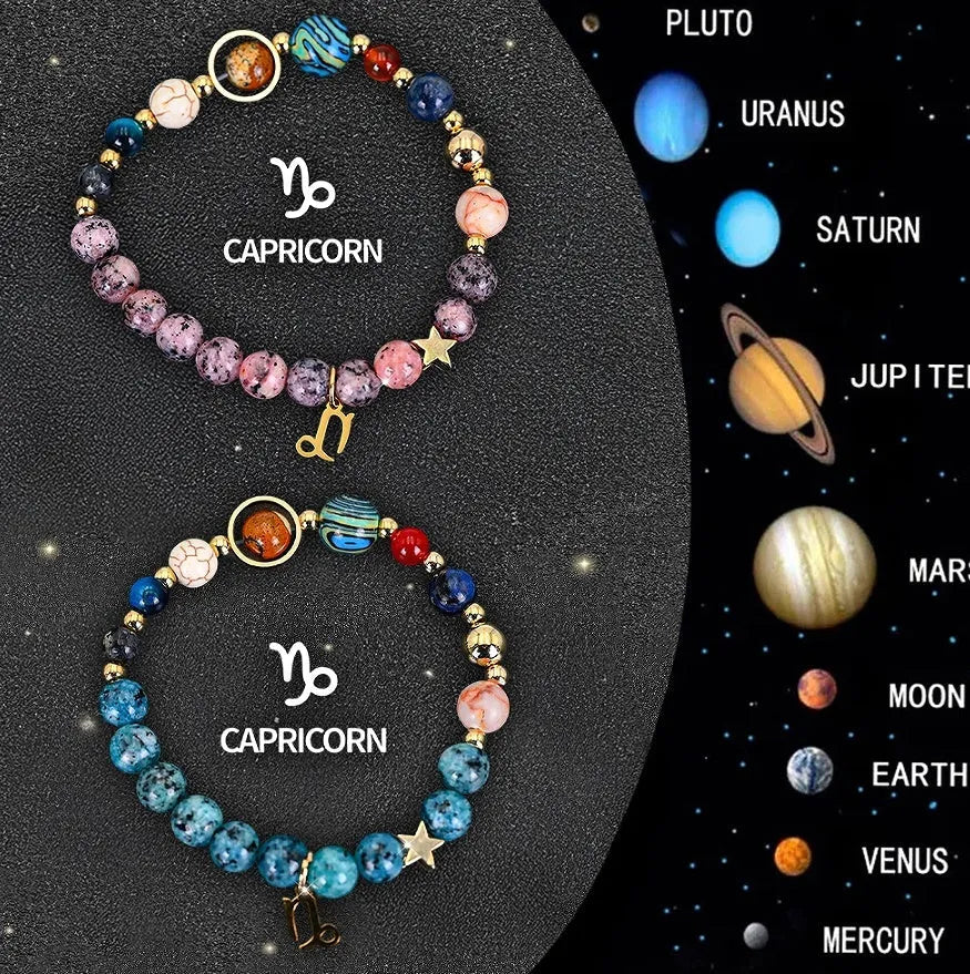 Set of two natural stone beaded bracelets with adjustable strings, showcasing zodiac constellation styles.