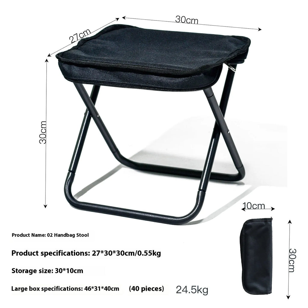 Outdoor foldable pencil box stool with Oxford cloth seat shown in khaki colour, folded and unfolded.