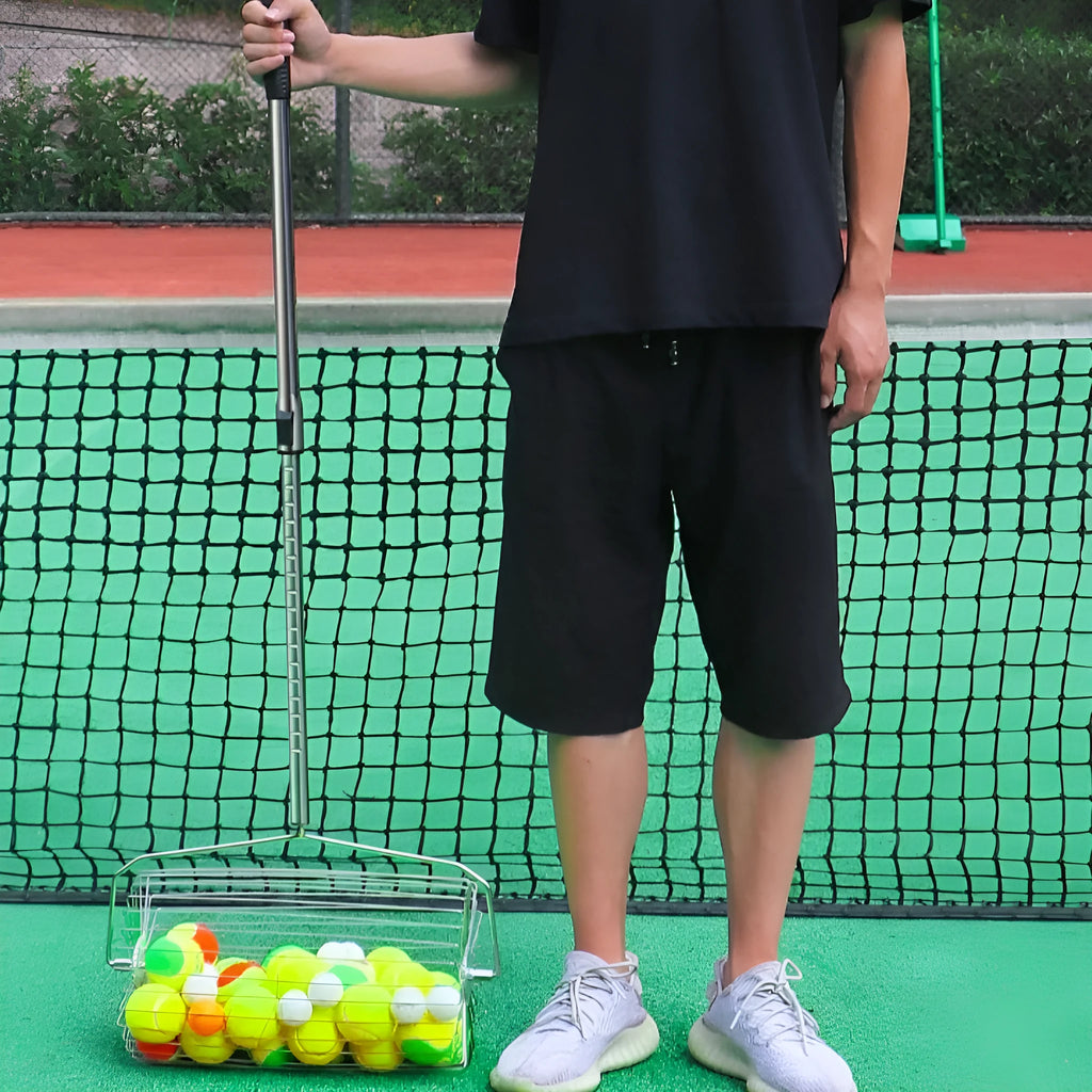 Stainless steel tennis ball picker with adjustable handle and roller mechanism for collecting balls