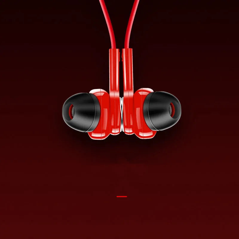 Red neckband sports Bluetooth earphones draped around a neck, showing earpieces and control module.