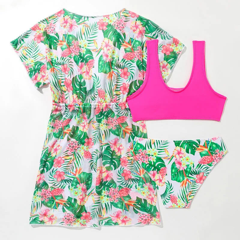 Girls' floral two-piece swimsuit in high-elasticity polyester fabric