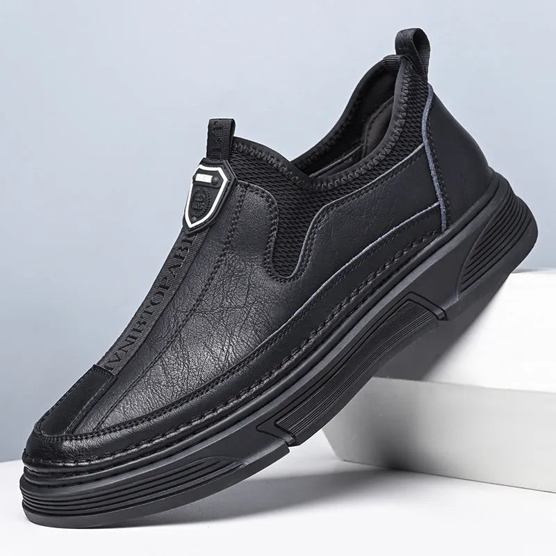 Men's solid color casual leather round toe shoes in black and brown options