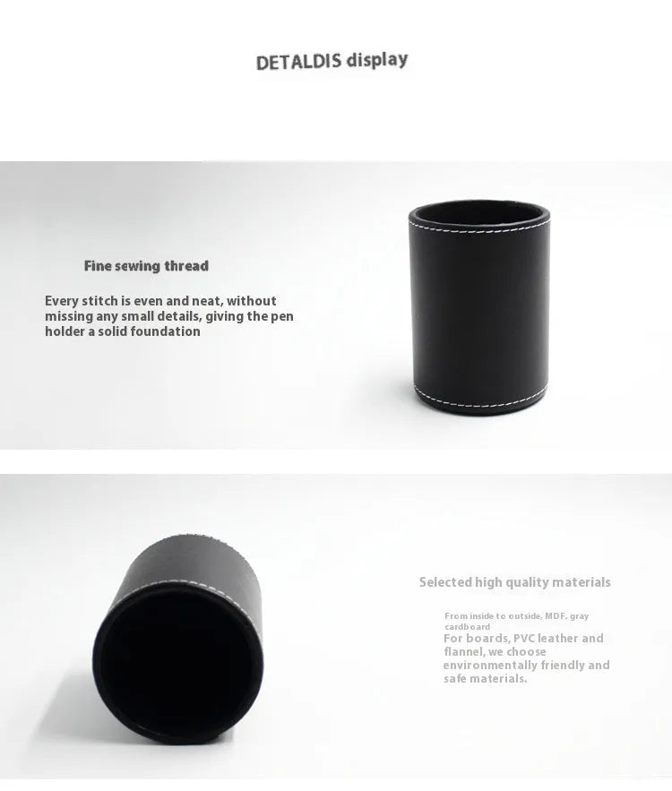 Round black leather pen container measuring 8.0cm diameter and 10.8cm height