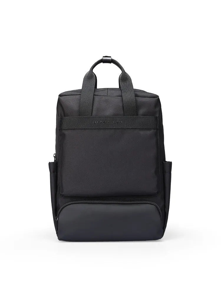 Front view of lightweight black Oxford cloth computer backpack with 20-35L capacity