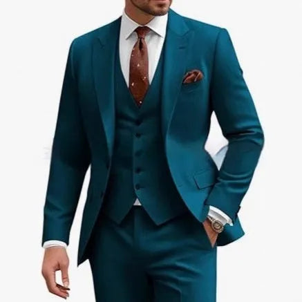 Men's slim-fit three-piece suit in chemical fibre blend fabric available in multiple colours