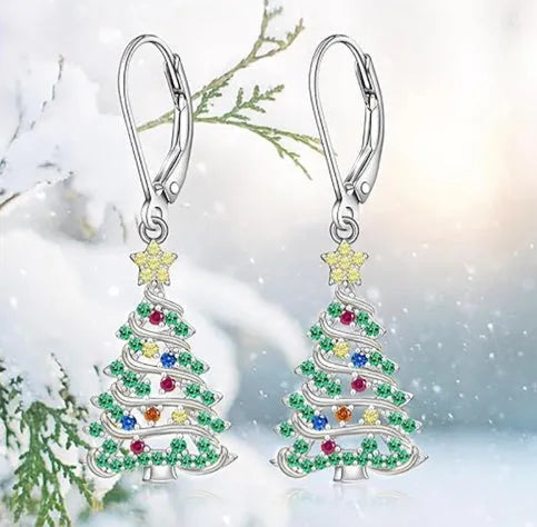 Women's Christmas tree earrings with star pendant in white gold colour finish