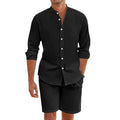 Men's dark grey linen blend summer shirt suit with lapel button-down short sleeve top and drawstring shorts