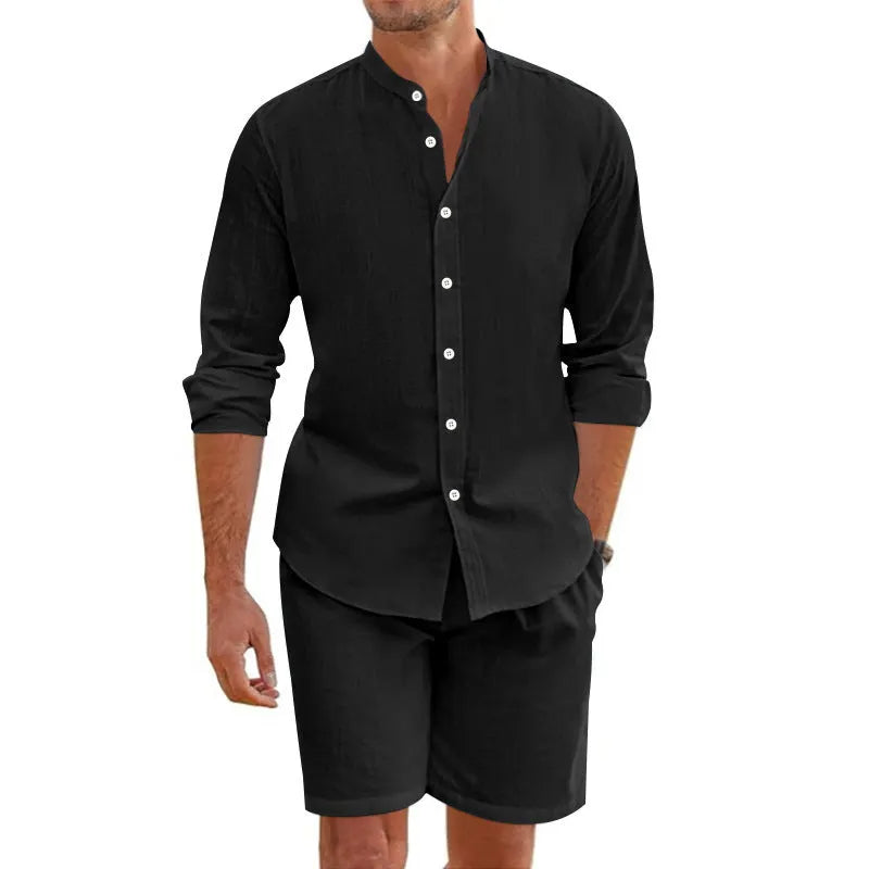 Men's dark grey linen blend summer shirt suit with lapel button-down short sleeve top and drawstring shorts