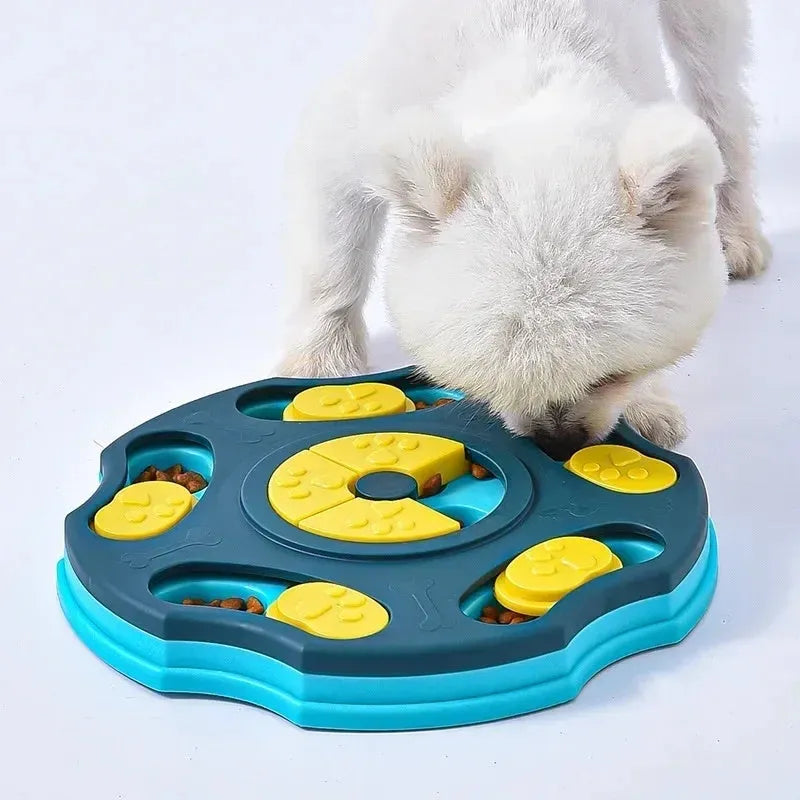 Blue and pink dog puzzle feeder toy for aggressive chewers with food bowl and interactive game design