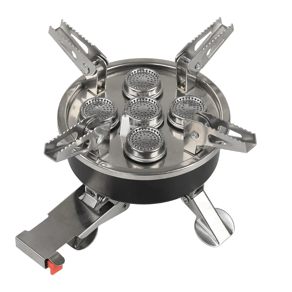 Silver foldable stainless steel split camping stove with a hose, shown with dimensions 155mm by 125mm.