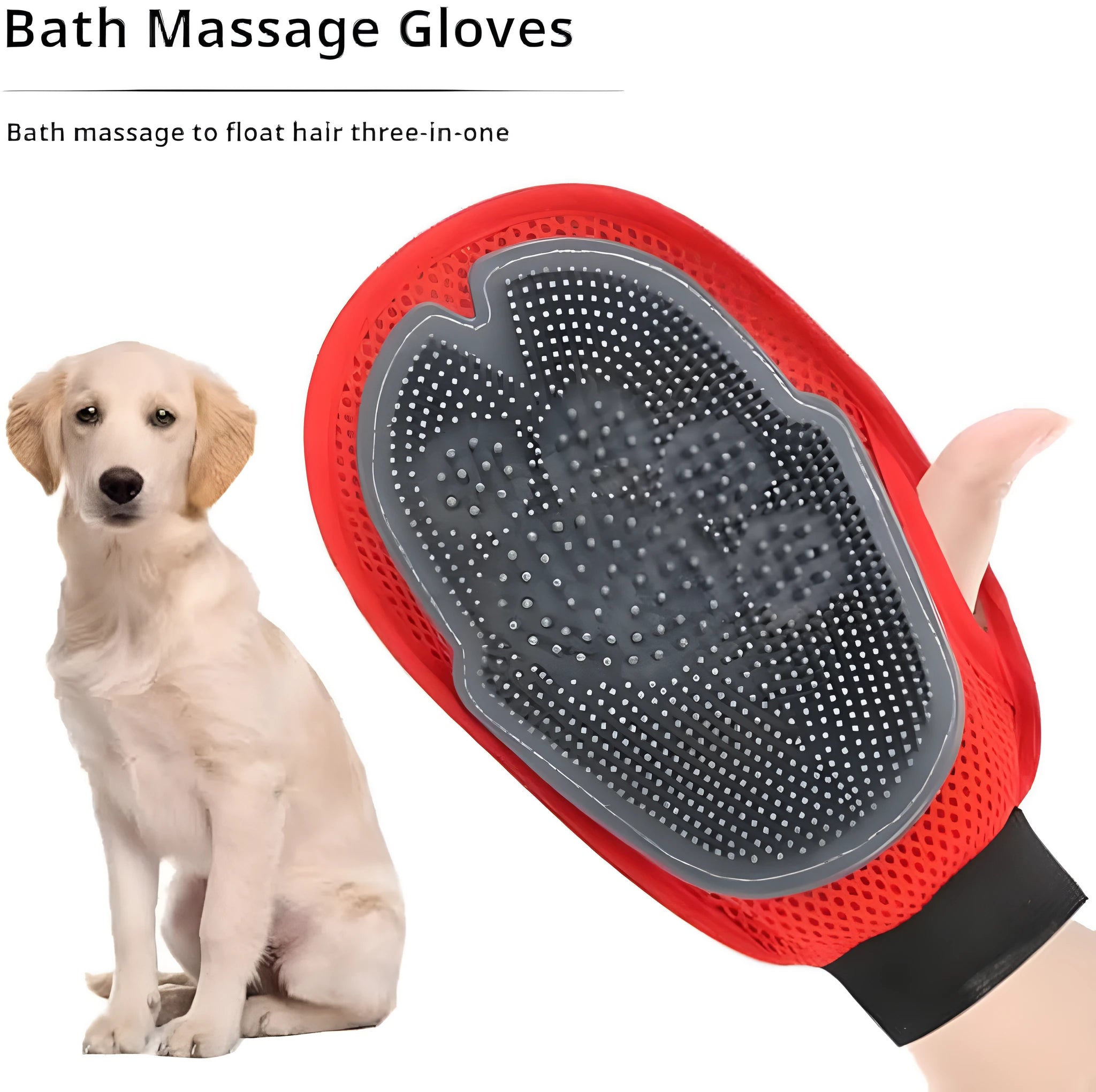 Red pet bathing and grooming glove combining a brush and mitt, shown on a hand.