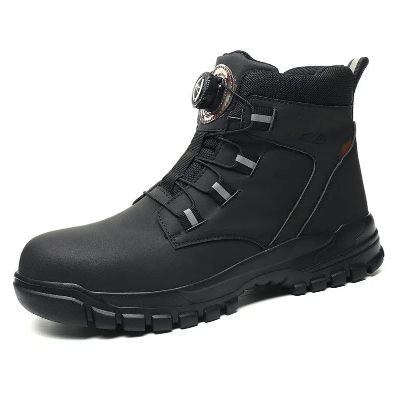 Leather work safety shoes with anti-smash anti-puncture soles in black, yellow, and grey colour options.