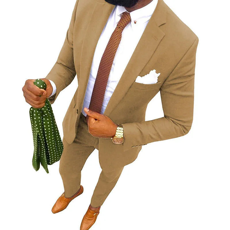 Men's cotton suit jacket and trousers set shown in multiple available colours.